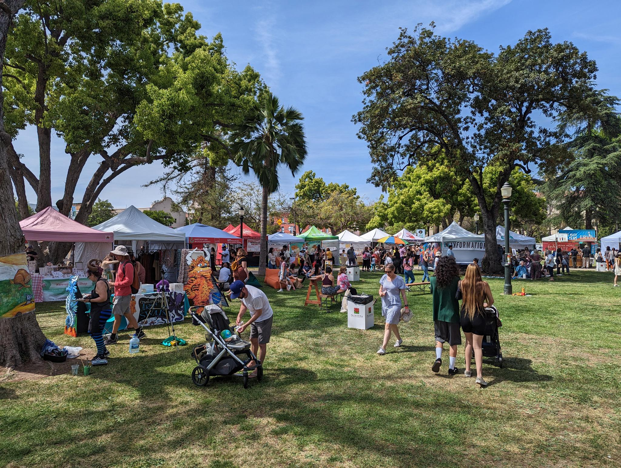Shoppers browsing produce stalls at the Pasadena Farmers’ Market at Victory Park.