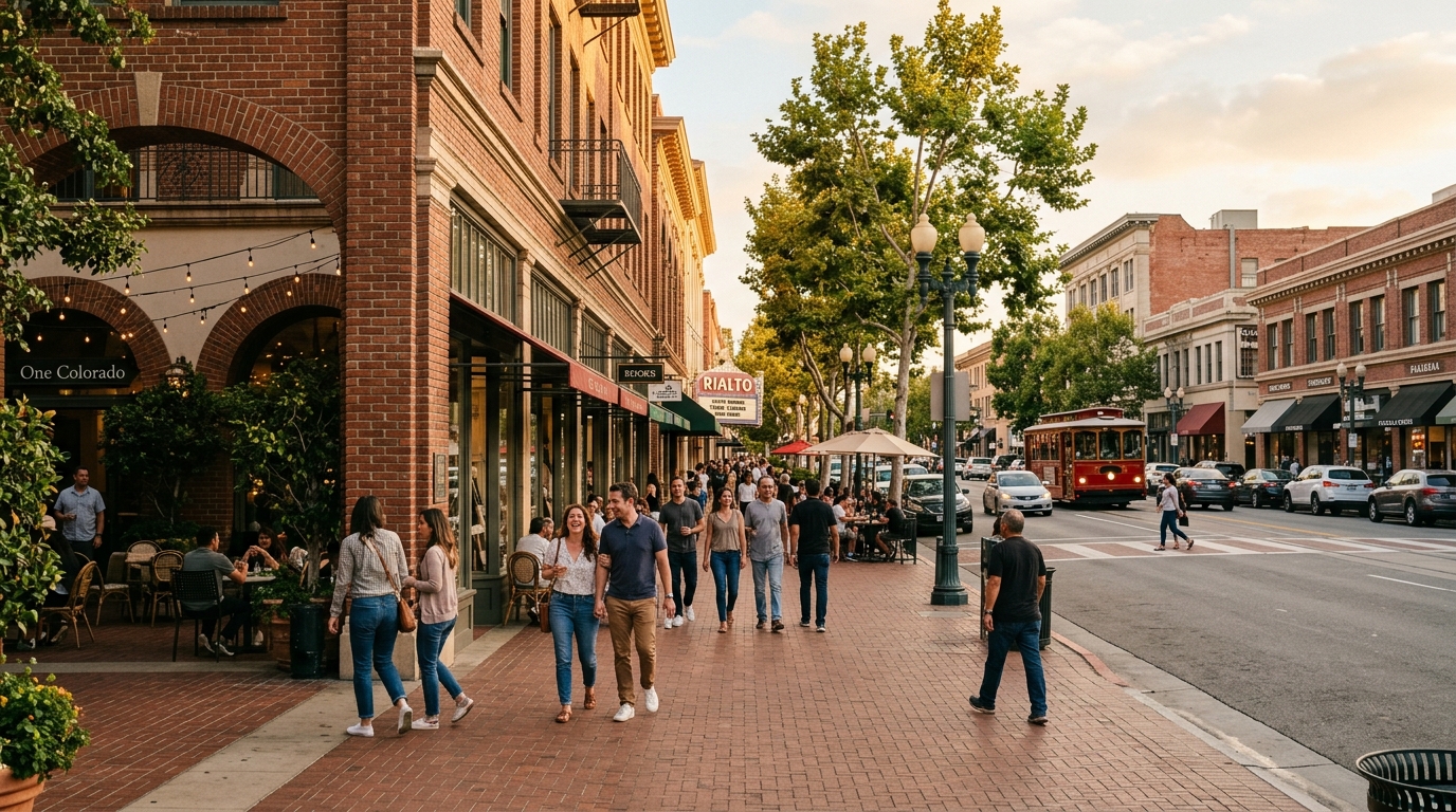 Pedestrians walking past historic storefronts on Colorado Boulevard in Old Pasadena.